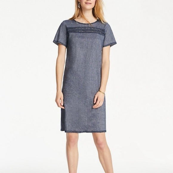 NWT Ann Taylor Chambray Blue Mini Dress Linen Blend Short Sleeves Size 2P